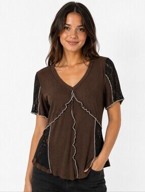 POL Brown Black Lace Mixed Media Stretch Top Boho Small NWOT